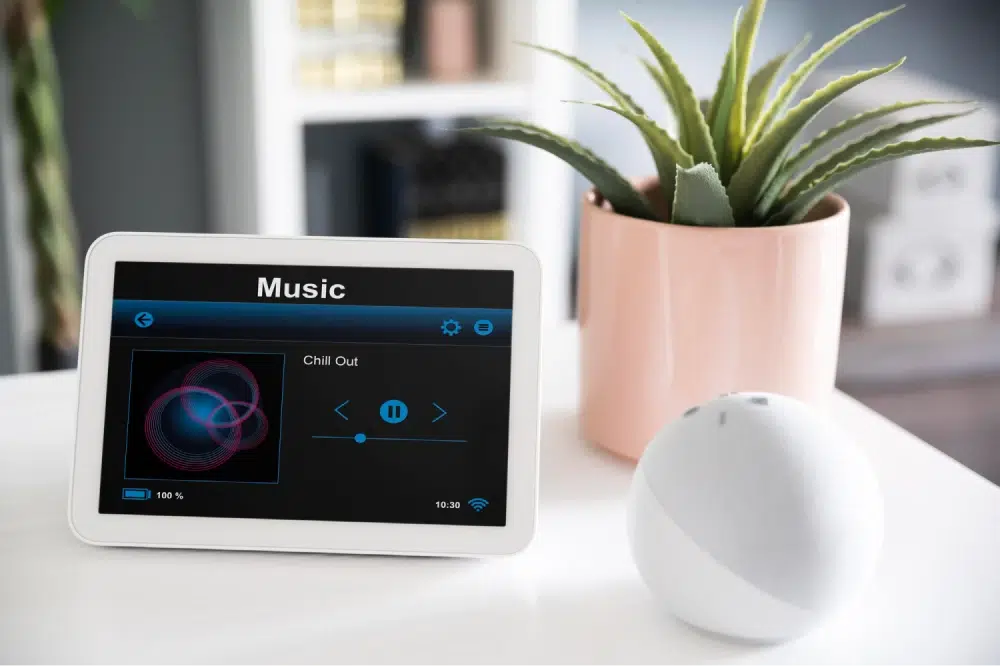 Smart home device on a table displaying a music app next to a potted plant.