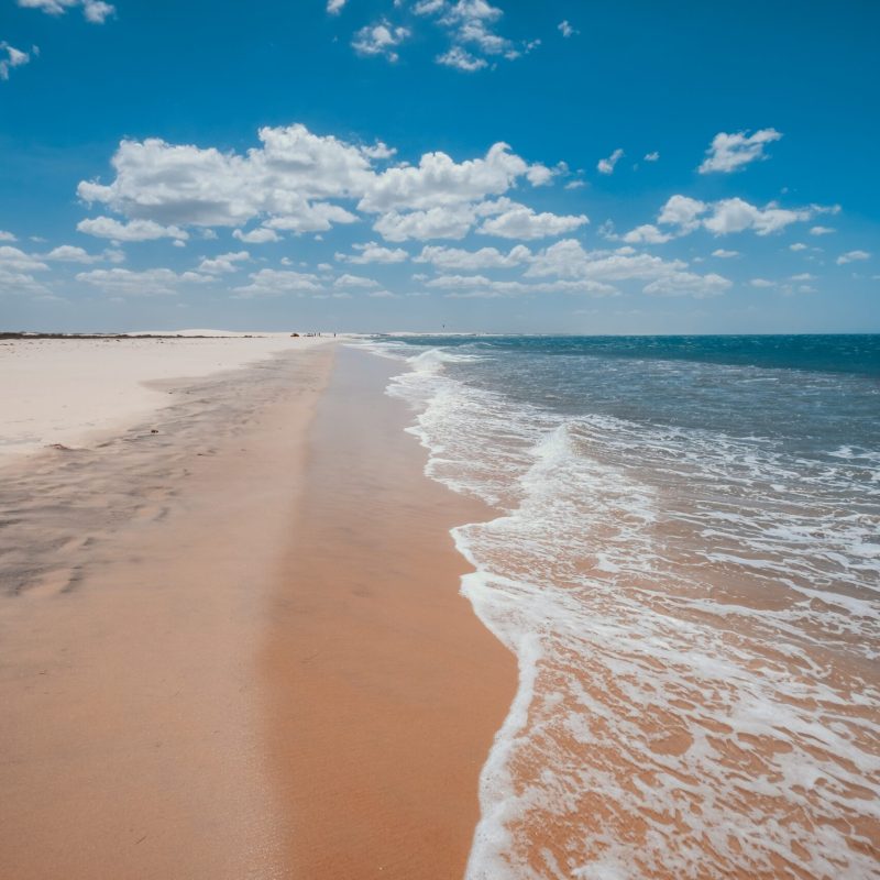 A vertical shot of the foamy waves coming to the sandy beach under the beautiful blue sky